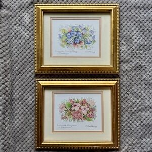 Carole Holding Floral Botanical Prints Set 2 Gold Frames Cottage Decor